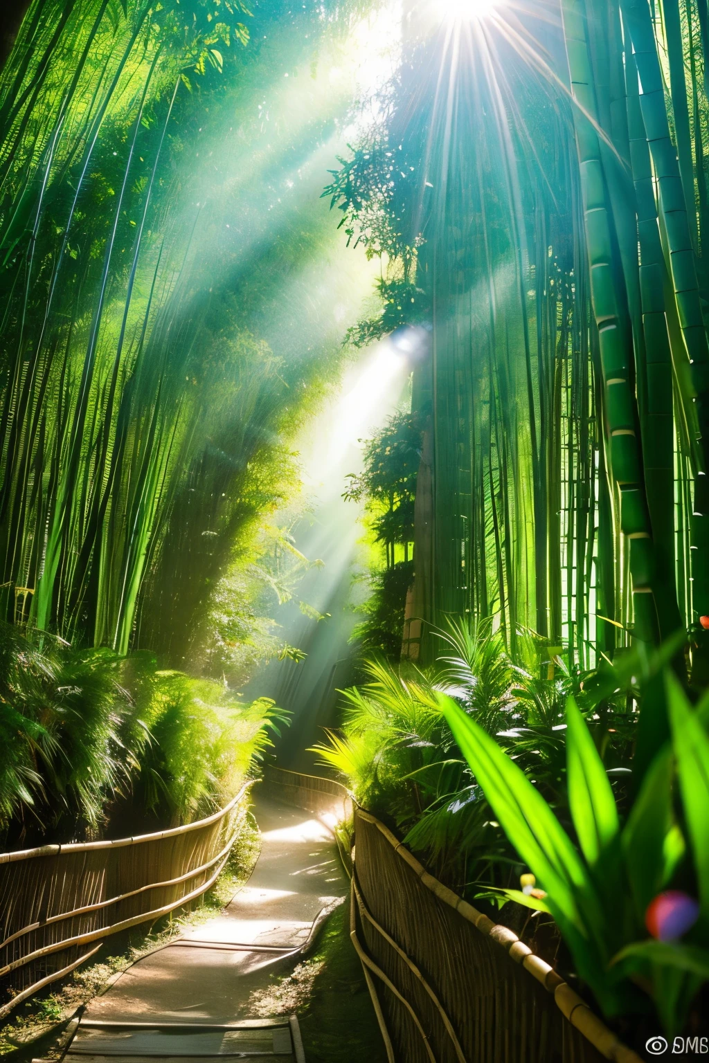 The sunlight filtering through the bamboo forest is dazzling、