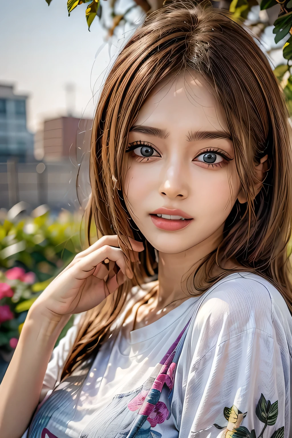 (8k, RAW Photos, highest quality, masterpiece, Realistic, Realistic), (1 female), (Ultimate beauty), Highly detailed face, (Perfect Teeth), Beautiful Eyes, double eyelid, eyelash, smile, Lip details, Brunette Bob, The light shines on your face, Big Breasts, ((T-Shirts)), ((Upper Body)), (background: garden), ((Written boundary depth))