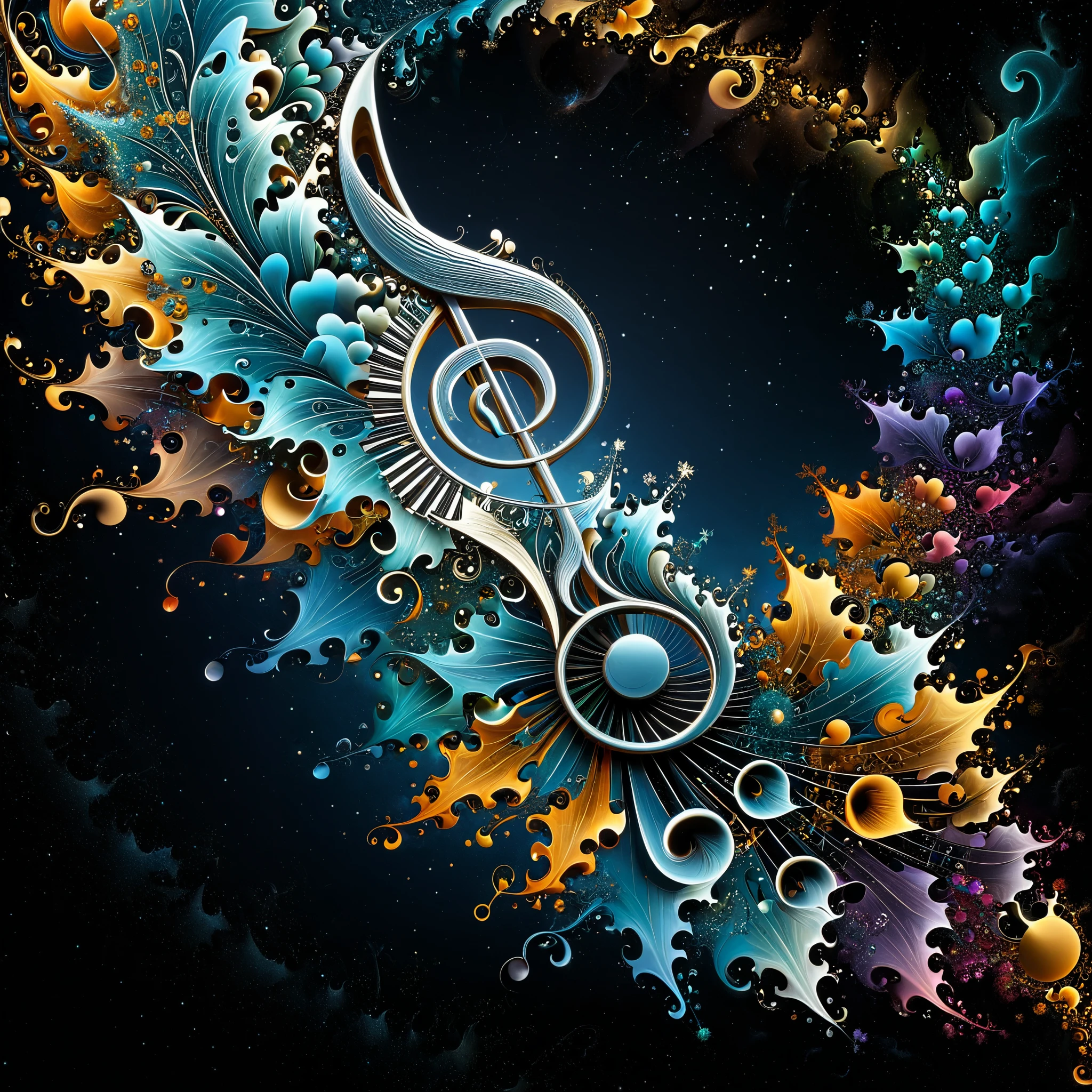 Utilize fractal geometry to enhance the hyperrealistic imagery, incorporating Mandelbrot-inspired patterns that intertwine with 3D musical elements, creating a visually complex and intricate composition.