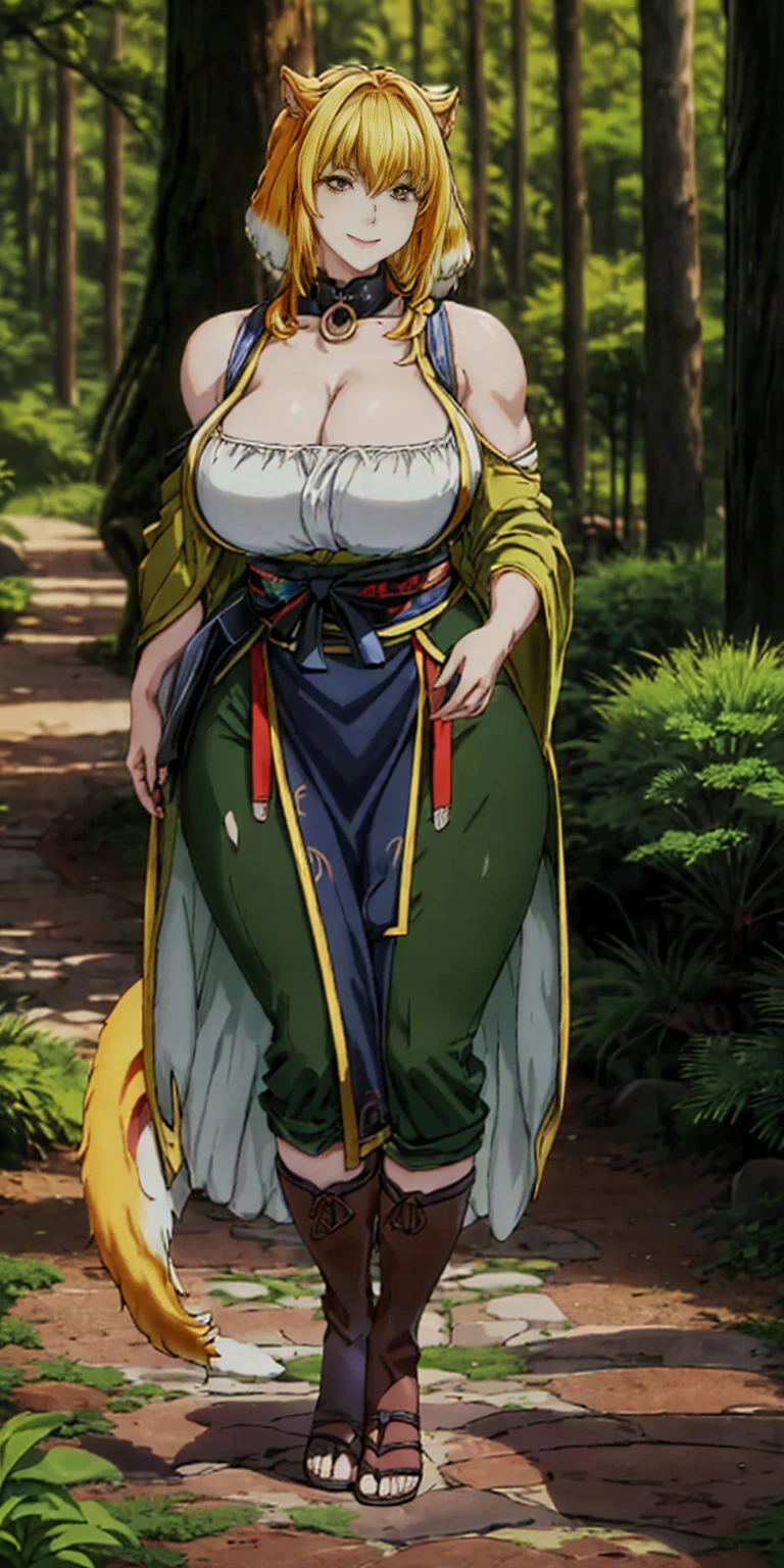 (japanese girl), ((fluffy dog ears)), ((very muscular)), huge breast, animal print clothes, ((blonde hair)), thick eyebrow, (Japanese ONI), in a forest in japan, Japanese clothes, smirking lustful smile, full body of a woman in a dress with a veil, feet together, standing feet together, military boots, beautiful fantasy maiden slave warrior