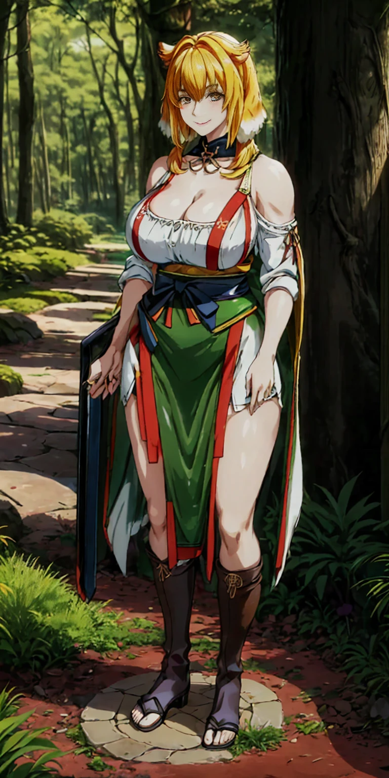 (japanese girl), ((fluffy dog ears)), ((very muscular)), huge breast, animal print clothes, ((blonde hair)), thick eyebrow, (Japanese ONI), in a forest in japan, Japanese clothes, smirking lustful smile, full body of a woman in a dress with a veil, feet together, standing feet together, military boots, beautiful fantasy maiden slave warrior