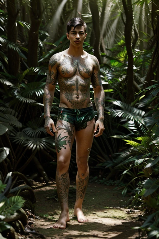 Full Body photorealistic A young man with intricate tattoos covering every inch of his skin, illuminated by the dappled sunlight filtering through dense forest foliage, creating an otherworldly aura. (((intricate tattoos))) (((dappled sunlight))) (((dense forest foliage))).