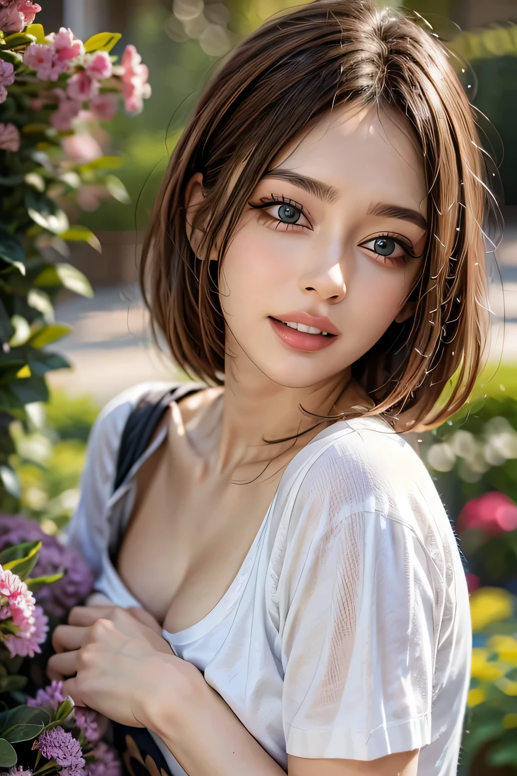 (8k, RAW Photos, highest quality, masterpiece, Realistic, Realistic), (1 female), (Ultimate beauty), Highly detailed face, (Perfect Teeth), Beautiful Eyes, double eyelid, eyelash, smile, Lip details, Brunette Bob, The light shines on your face, Big Breasts, ((T-Shirts)), ((Upper Body)), (background: garden), ((Written boundary depth))