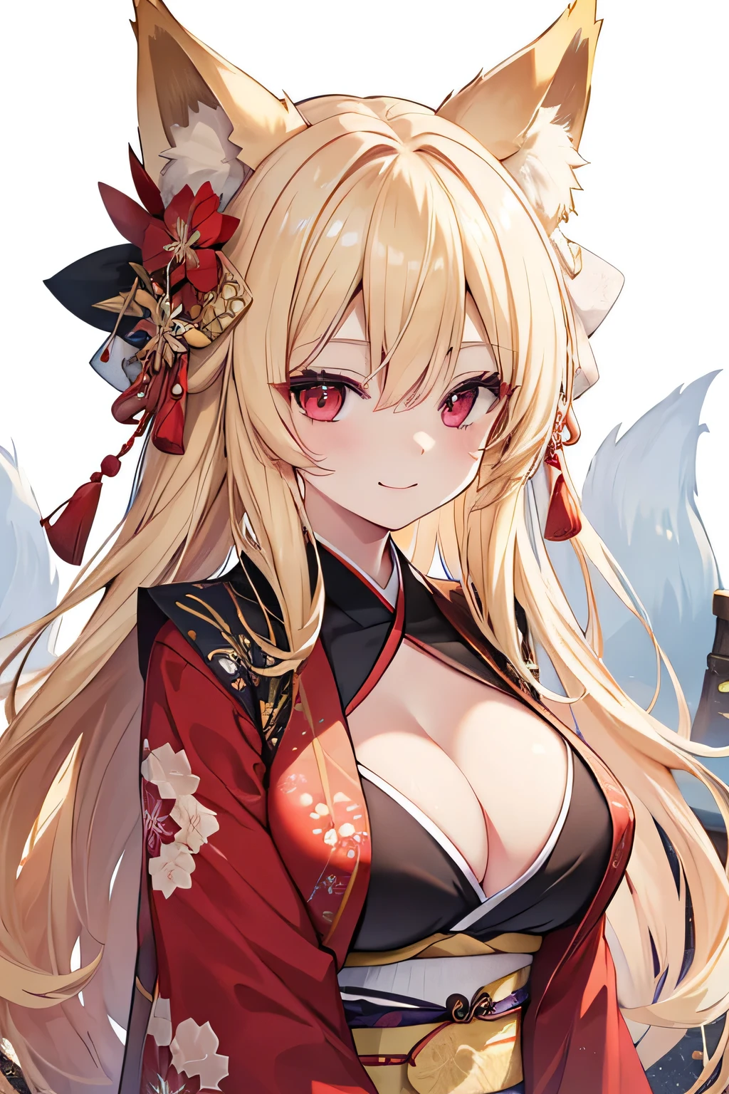 highest quality、Big Breasts、Cleavage、Fox ears、Long blonde、Red Eye、kimono、smile
