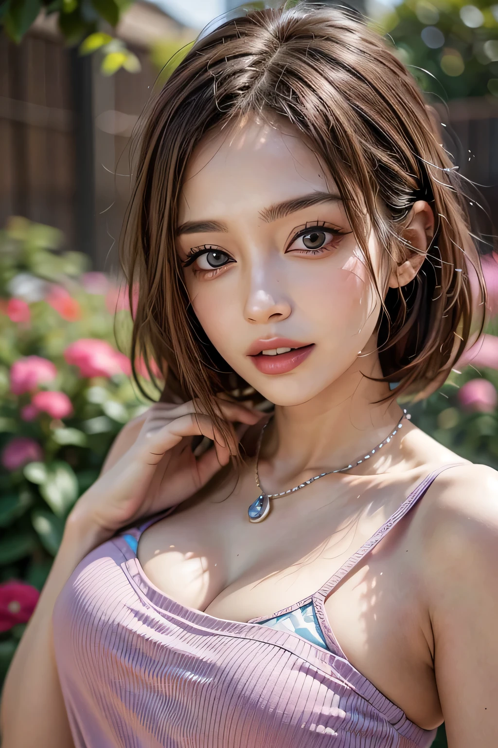 (8k, RAW Photos, highest quality, masterpiece, Realistic, Realistic), (1 female), (Ultimate beauty), Highly detailed face, (Perfect Teeth), Beautiful Eyes, double eyelid, eyelash, smile, Lip details, Brunette Bob, The light shines on your face, Big Breasts, ((T-Shirts)), ((Upper Body)), (background: garden), ((Written boundary depth))