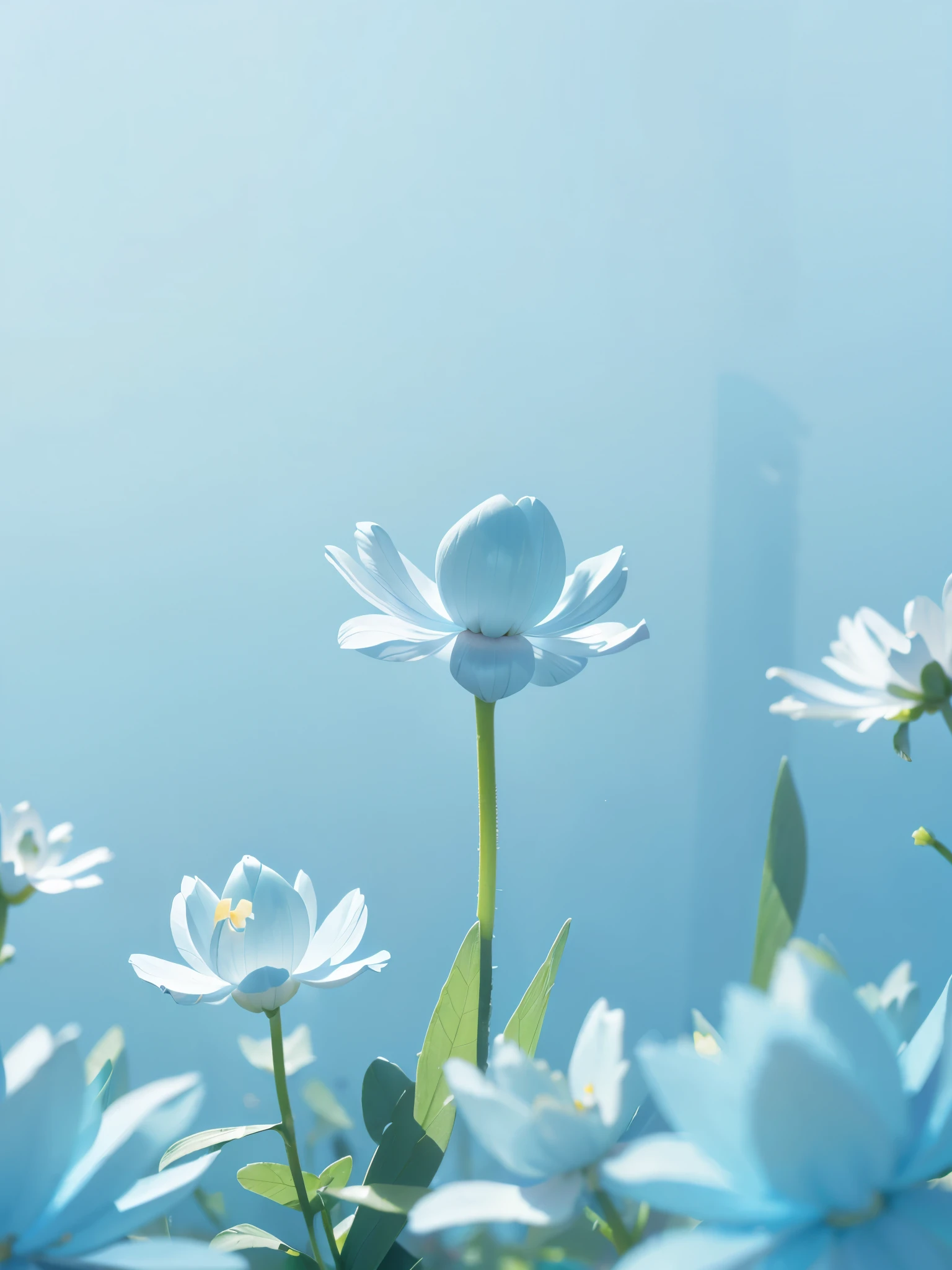 Light blue flowers,The distant view is a blurred flower,Presented in a transparent and light style,Light blue and light blue as main colors,Clear overlay effect,Soft and graceful shape,Close-up of petals with clear texture