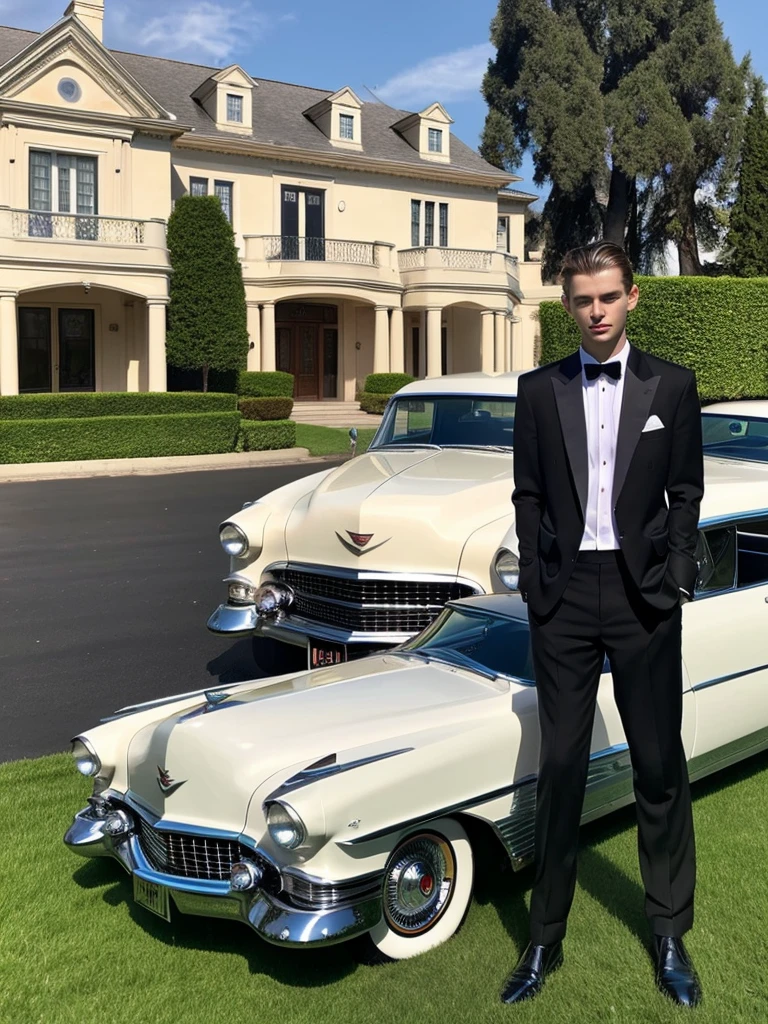 Obra maestra, realista, 1952 cadillac el dorado automobile black sober elegant in front of a large mansion next to him a very beautiful 16 year old boy with light brown hair blue eyes white skin fine features sportswear sort short body.completo definido