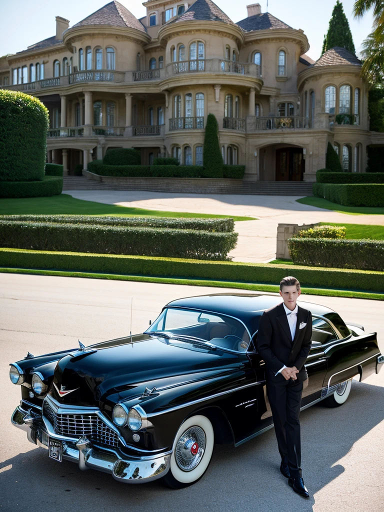 Obra maestra, realista, 1952 cadillac el dorado automobile black sober elegant in front of a large mansion next to him a very beautiful 16 year old boy with light brown hair blue eyes white skin fine features sportswear sort short body.completo definido