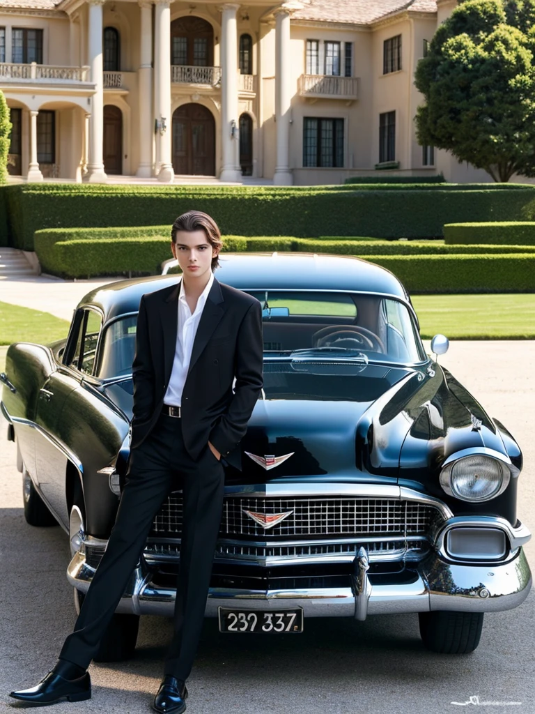 Obra maestra, realista, 1952 cadillac el dorado automobile black sober elegant in front of a large mansion next to him a very beautiful 16 year old boy with light brown hair blue eyes white skin fine features sportswear sort short body.completo definido