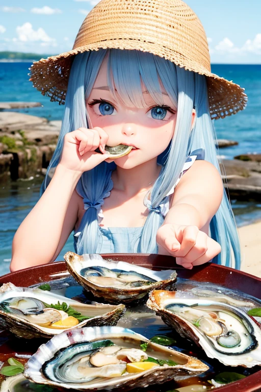Oyster girl eating raw oysters