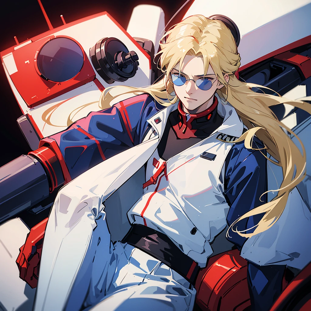 A man, 21 years, long hair blonde, pale white skin, blue eyes, wearing a red suit pilot clothing like neon genesis evangelion, white gloves, in a dark atmosphere, hd quality image, autority, like a planning tactician leader, commander, mobile suit pilot, wearing sunglasses, a strong posture of a leader