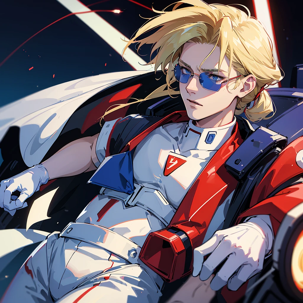 A man, 21 years, long hair blonde, pale white skin, blue eyes, wearing a red suit pilot clothing like neon genesis evangelion, white gloves, in a dark atmosphere, hd quality image, autority, like a planning tactician leader, commander, mobile suit pilot, wearing sunglasses, a strong posture of a leader