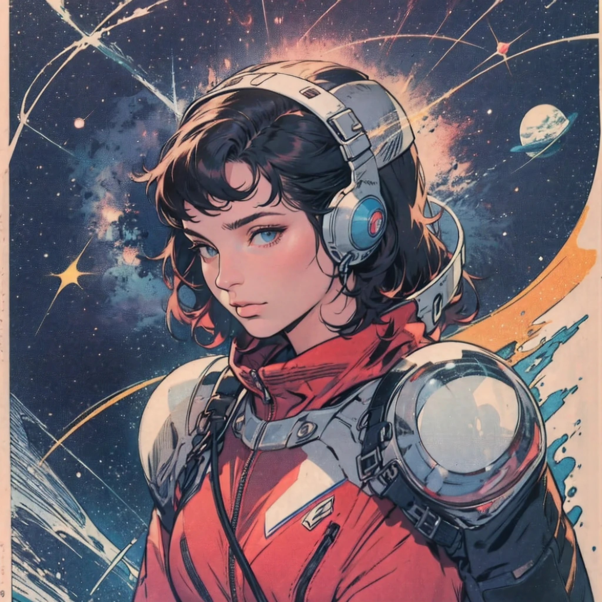 ultimate best quality,beautiful woman,speech bubble,big brest,galaxy,60s,70s,80s,colorful,cosmo,space,((wolf)),