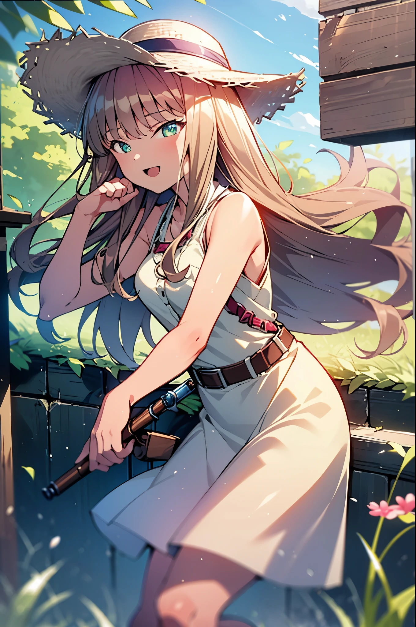 8k,highest quality,masterpiece,The seeds of a southern dream,The seeds of a southern dream　sss Dynazenon,Brown Hair,Long Hair,Green Eyes,Short braided hair,happy smile, smile, Open your mouth,Big straw hat,Sleeveless dress,Bare arms,Long skirt,　,Cute heeled sandals,Building district,Clear skies,Daytime,(Cowboy Shot:1. 5),(masterpiece:1.2), highest quality, High resolution, unity 8k wallpaper, (shape:0.8), (Beautiful and detailed:1.6), Highly detailed face, Perfect lighting, Highly detailed CG, (Perfect hands, Perfect Anatomy),