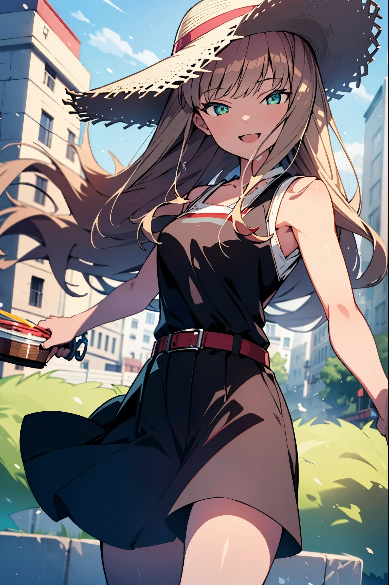 8k,highest quality,masterpiece,The seeds of a southern dream,The seeds of a southern dream sss Dynazenon,Brown Hair,Long Hair,Green Eyes,Short braided hair,happy smile, smile, Open your mouth,Big straw hat,Sleeveless dress,Bare arms,Long skirt, ,Cute heeled sandals,Building district,Clear skies,Daytime,(Cowboy Shot:1. 5),(masterpiece:1.2), highest quality, High resolution, unity 8k wallpaper, (shape:0.8), (Beautiful and detailed:1.6), Highly detailed face, Perfect lighting, Highly detailed CG, (Perfect hands, Perfect Anatomy),