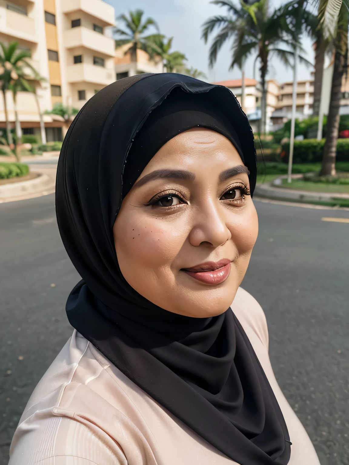 (selfie photo) (Realistic) ((Sexy Hijab)) (real mature face) (old beauty) 62 Years old fat Brunei mature woman, sexy curvy, (sexy chubby body shape), Big : 34.9, (old woman in Jakarta) soft smile, facing at camera, half body - professional photography with excellent lighting. Outdoor. Dynamic background.