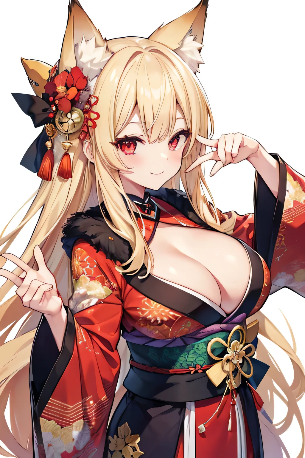 highest quality、Big Breasts、Cleavage、Fox ears、Long blonde、Red Eye、kimono、smile