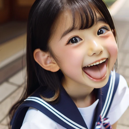 Japanese,,Innocent face,Open your mouth wide,Sticking out tongue,Showing tongue,cute,Look Up,Summer sailor uniform,Summer clothes,Shortcuts,Navel out,Sit on the ground,Full body photo