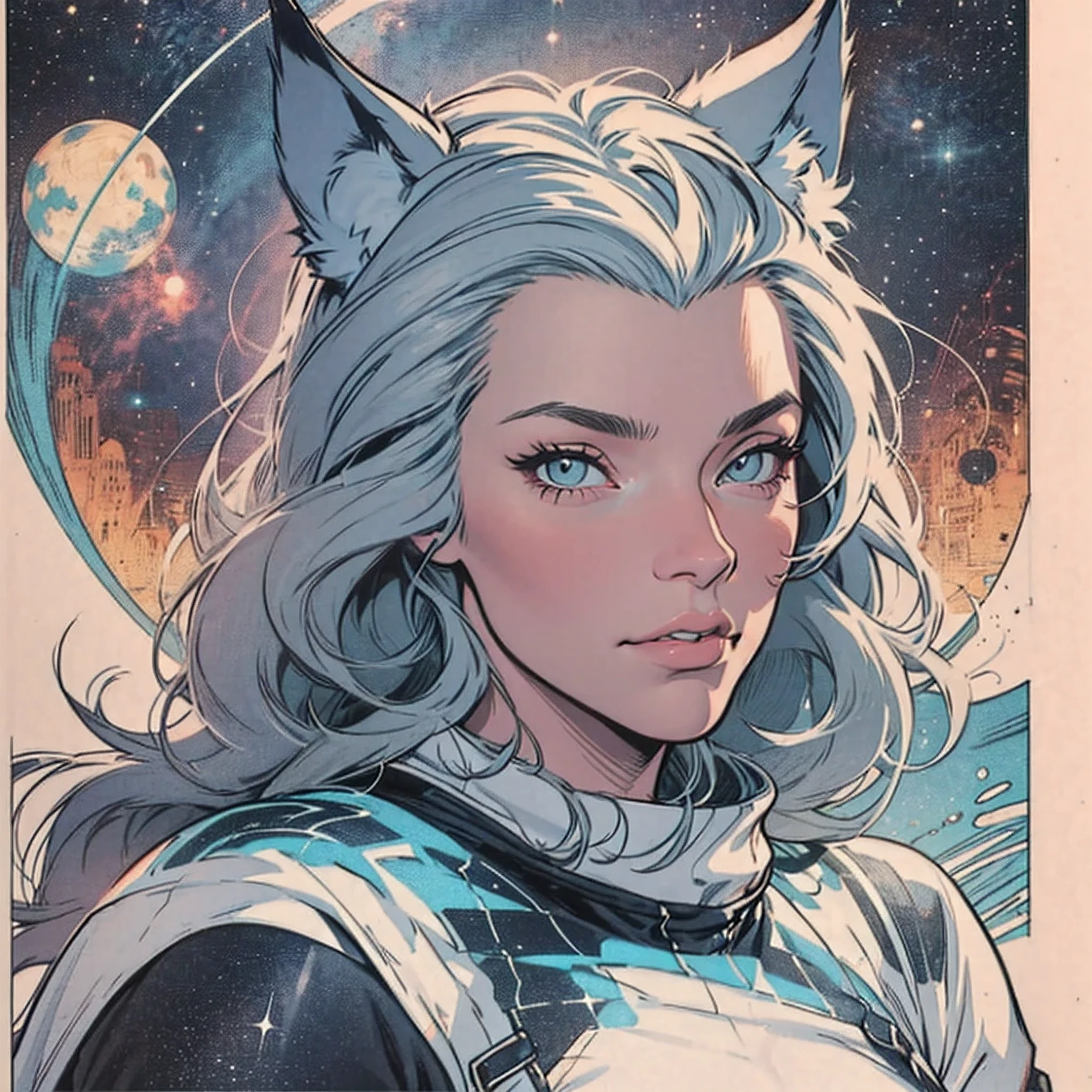 ultimate best quality,beautiful woman,speech bubble,big brest,galaxy,60s,70s,80s,colorful,cosmo,space,((wolf)),