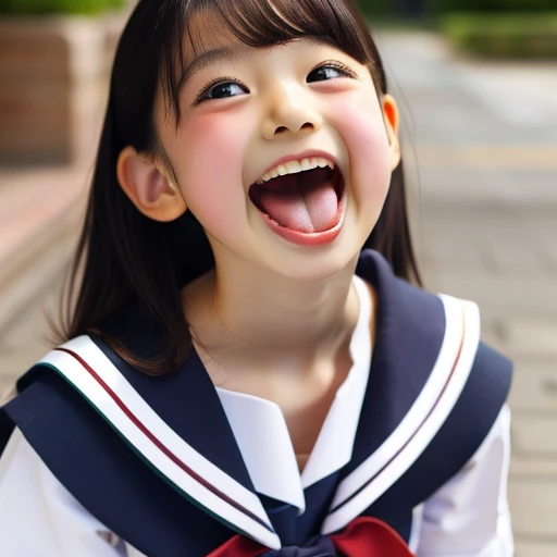 Japanese,,Summer Sailor Uniform,mini skirt,whole body,Look Up,Looking up,Cross-eyed,Cross-eyed,Open your mouth wide,Sticking out tongue,Showing tongue,cute