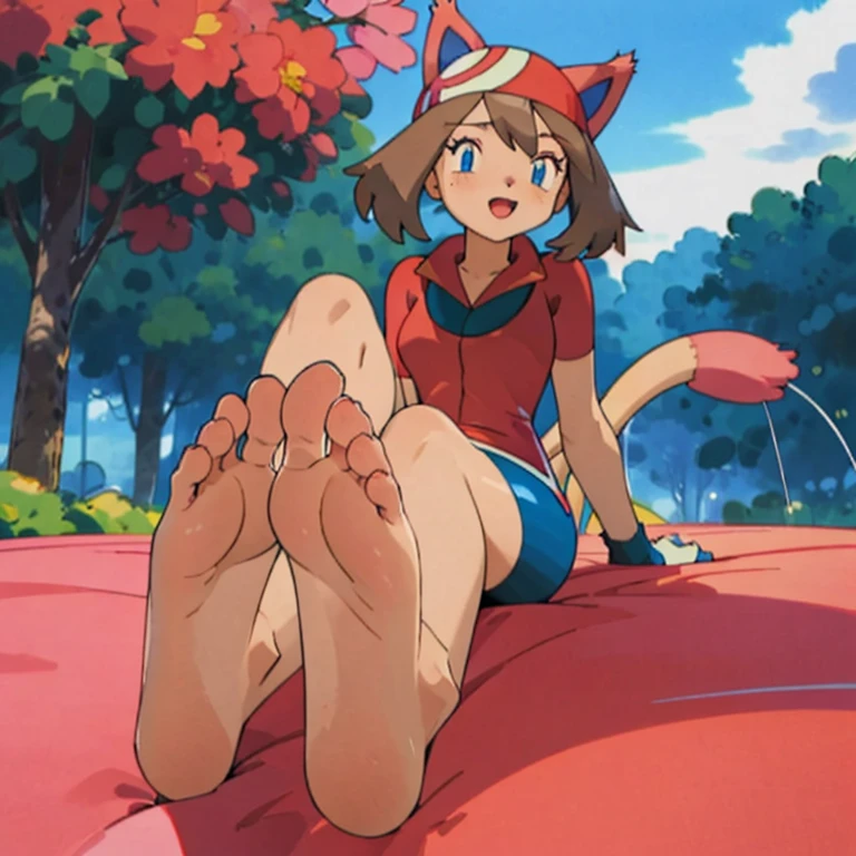 character_pokemon_may, may \(pokemon\), Maypokemon, barefoot, bare legs, soles, bandana, POKEMON_CHARACTER_MAY, barefoot, blue eyes, brown hair, red bandanna, red shirt, white skirt, blue shorts, bike shorts, biker shorts, catgirl, cat girl, pink cat ears, long ears, big tail, big cat ears, pink cat tail, cat tail, tail, pink tail, skitty, Skitty ears, Skitty tail, foot transformation, short hair, May shows her feet and soles, playful, open mouth, happy, blushed, foot focus, looks at viewer, foot tease, foot fetish, high soles, feet posing, Commission for high resolution, low resolution, detailed legs towering over you, detailed legs looming over you, Foot Art POV, Detailed legs、sole of feet, bare-legged, two legs, two feet, medium breasts, sitting, three-toed feet, three toes, cat pose, raise leg, raise foot,