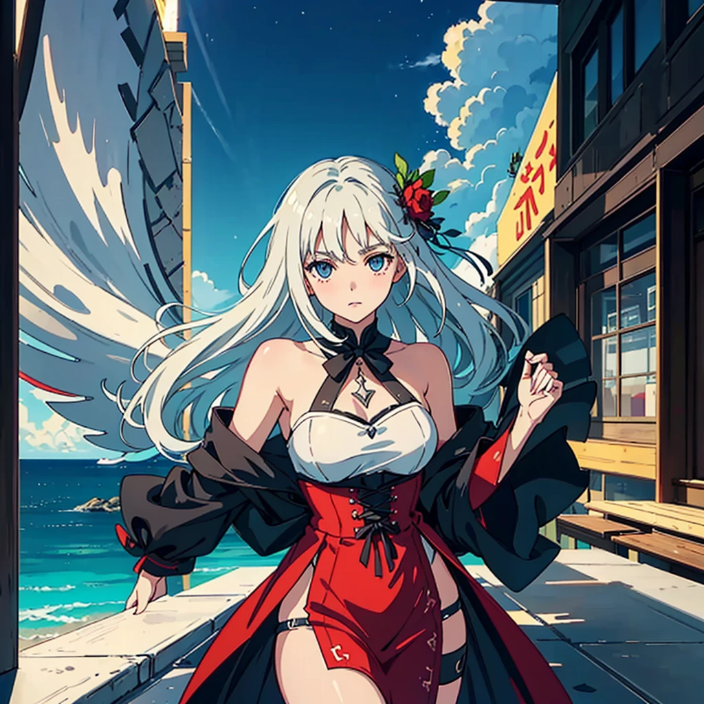 woman who combines characteristics of Rintona from Fault Milestone One, Velvet de Tales of Berseria y Zero de Drakengard con pelo plateado, ojos dorados, vestimenta que combine elementos persas, wuxia y victorianos de color negro, rojo y blanco, holographic accessories combined with arcanapunk and a Lycoris radiata flower-shaped monocle on her left eye, on a balcony overlooking an arcanapunk city in the middle of the night
