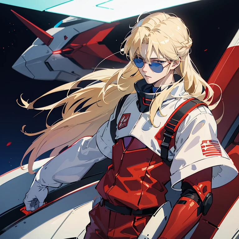 A man, 21 years, long hair blonde, pale white skin, blue eyes, wearing a red suit pilot clothing like neon genesis evangelion, white gloves, in a dark atmosphere, hd quality image, autority, like a planning tactician leader, commander, mobile suit pilot, wearing sunglasses, a strong posture of a leader