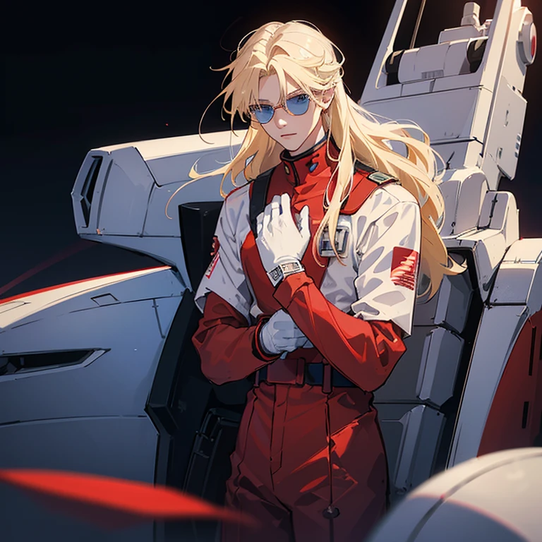 A man, 21 years, long hair blonde, pale white skin, blue eyes, wearing a red suit pilot clothing like neon genesis evangelion, white gloves, in a dark atmosphere, hd quality image, autority, like a planning tactician leader, commander, mobile suit pilot, wearing sunglasses, a strong posture of a leader