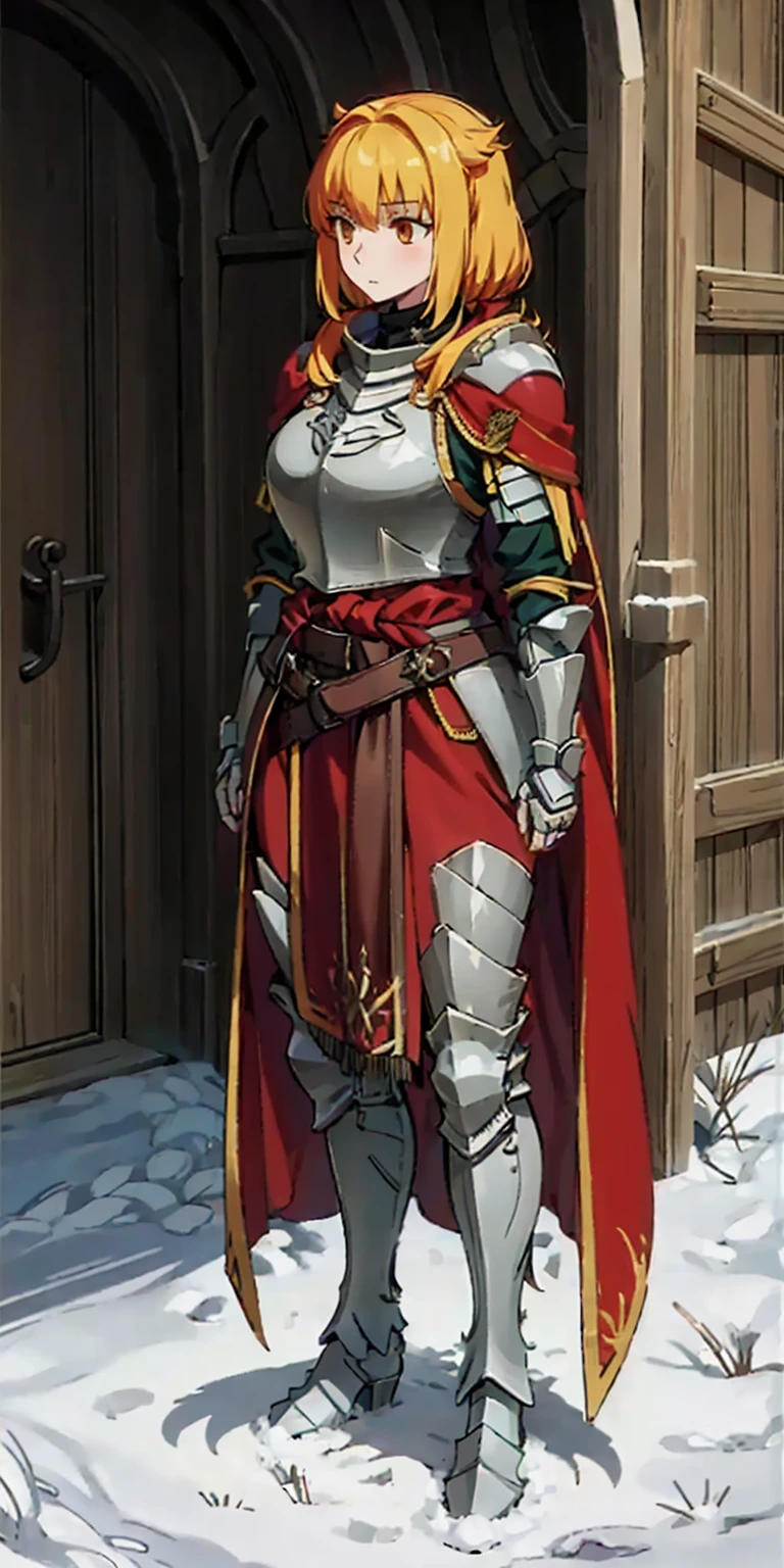 full body standing straight symmetrical, FEMALE warrior princess, big belt around waist, hair, very white skin like snow, wearing full heavy armor red cape, brown leather boots, adventurer outfit, veteran warrior