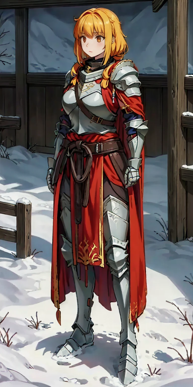 full body standing straight symmetrical, FEMALE warrior princess, big belt around waist, hair, very white skin like snow, wearing full heavy armor red cape, brown leather boots, adventurer outfit, veteran warrior