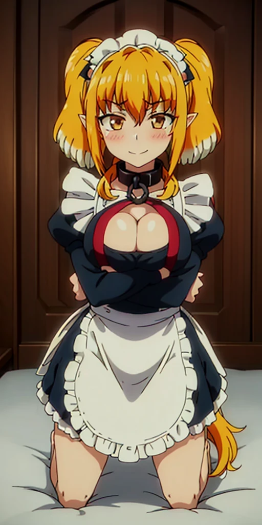 1solo girl female Roxxane, cute, maid victorian, maid apron, straight face, dazed, Body position: Standing, straight, symmetrical, barefoot, fluffy ears, milf bimbo lustful smirking smile red blush red cheeks, chain leash, kneeling, shackles, leather black collar slave, 2 high ponytails