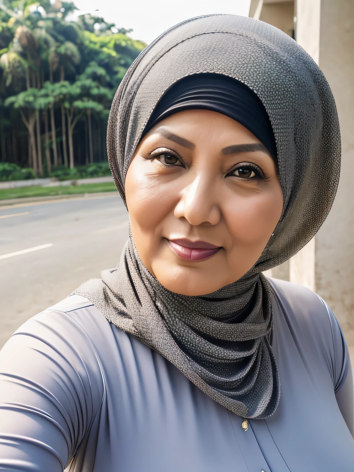 (selfie photo) (Realistic) ((Sexy Hijab)) (real mature face) (old beauty) 62 Years old fat Brunei mature woman, sexy curvy, (sexy chubby body shape), Big : 34.9, (old woman in Jakarta) soft smile, facing at camera, half body - professional photography with excellent lighting. Outdoor. Dynamic background.