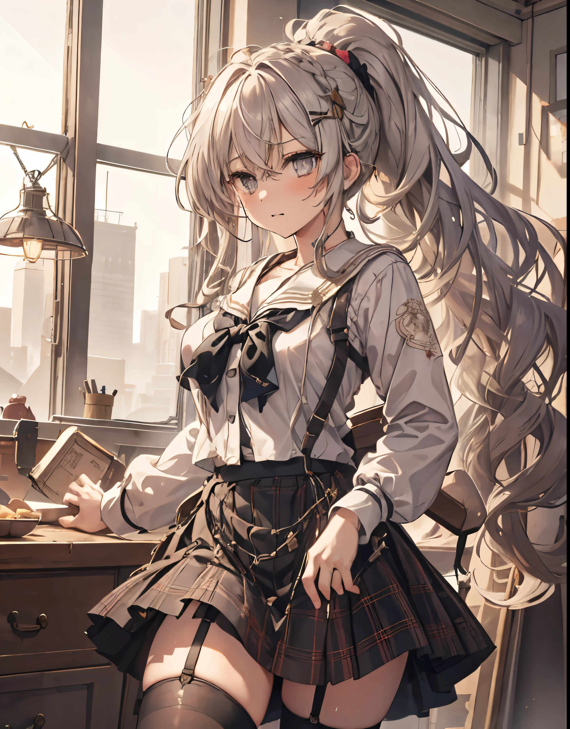 masterpiece, 1girl, sparrow, a silver haired girl, wearing a sailor clothes, curly long hair, messy hair, slim body, he close her left eye, shirt ornament, ruby eyes, ahoge, baby face, bige breast, beautiful breasts, rounded breasts, long sleeves, beautiful eyes, white stocking, droopy eyes, skirt, black skirt, plaid skirt, her age is 19 years old, hospital, bowtie, sailor collar, flared skirt, tight shirt, skirt, nagisa_bluearchive, lovely face, medium hair, angry face, curly hair, ponytail