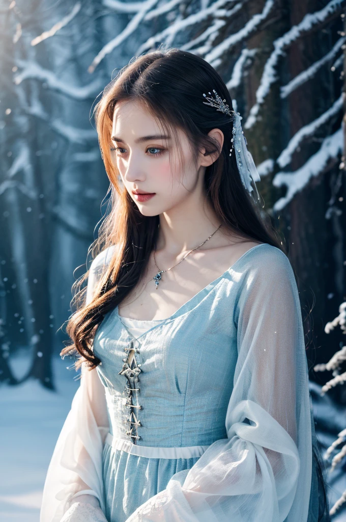 ( masterpiece, top quality, best quality,8k,17 years old girl,ultra detailed,raw photo:1.5),(photorealistic:1.4),(cinematic lighting), PerfectNwsjMajic, , Surrealism, UHD, ccurate, Super detail, textured skin, High detail, Best quality, dynamic angle, (high nose,White skin),[Beautiful blue eyes],[flat chest:large breasts:0.5],(1girl),(good anatomy:0.5)), of a woman in a dress with a sword, ((a beautiful fantasy empress)), beautiful fantasy maiden, Dreamy atmosphere,mystical ambiance, Artistic interpretation,a whimsical illustration, Subtle colors and tones, mystical aura, jewelry, splendor,portrait, snow storm 