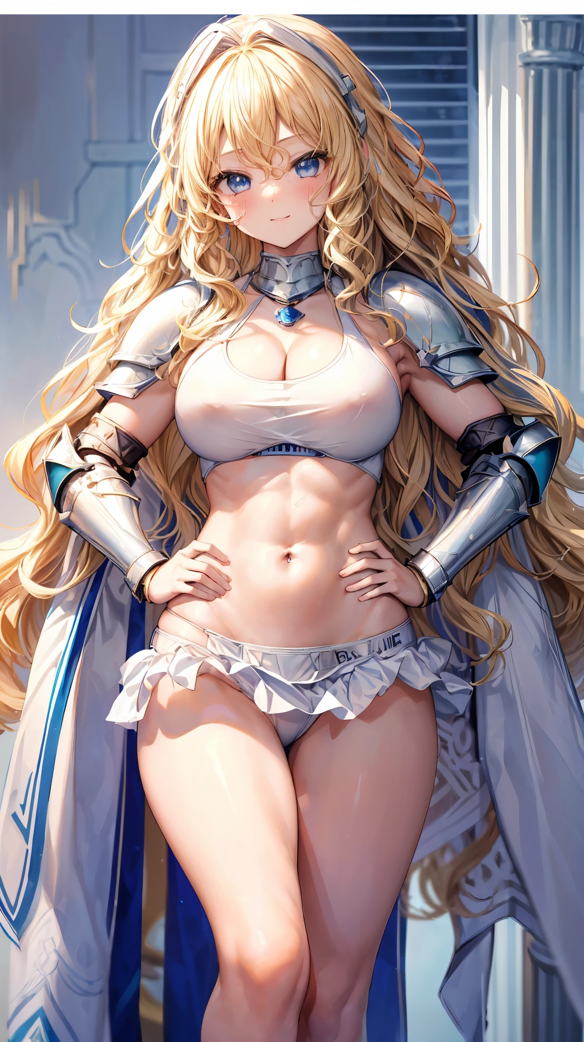 Very detailed、highest quality、Best image quality、masterpiece、8k、Anime Face、A kind smile、Open your mouth、Sparkling blue eyes、(Blonde wavy hair:1.5)、、Muscles of the whole body、Hands on hips、camisole、Thigh belt、mini skirt、(Wearing white bikini armor:1.5)、Cowboy Shot、Leg armor