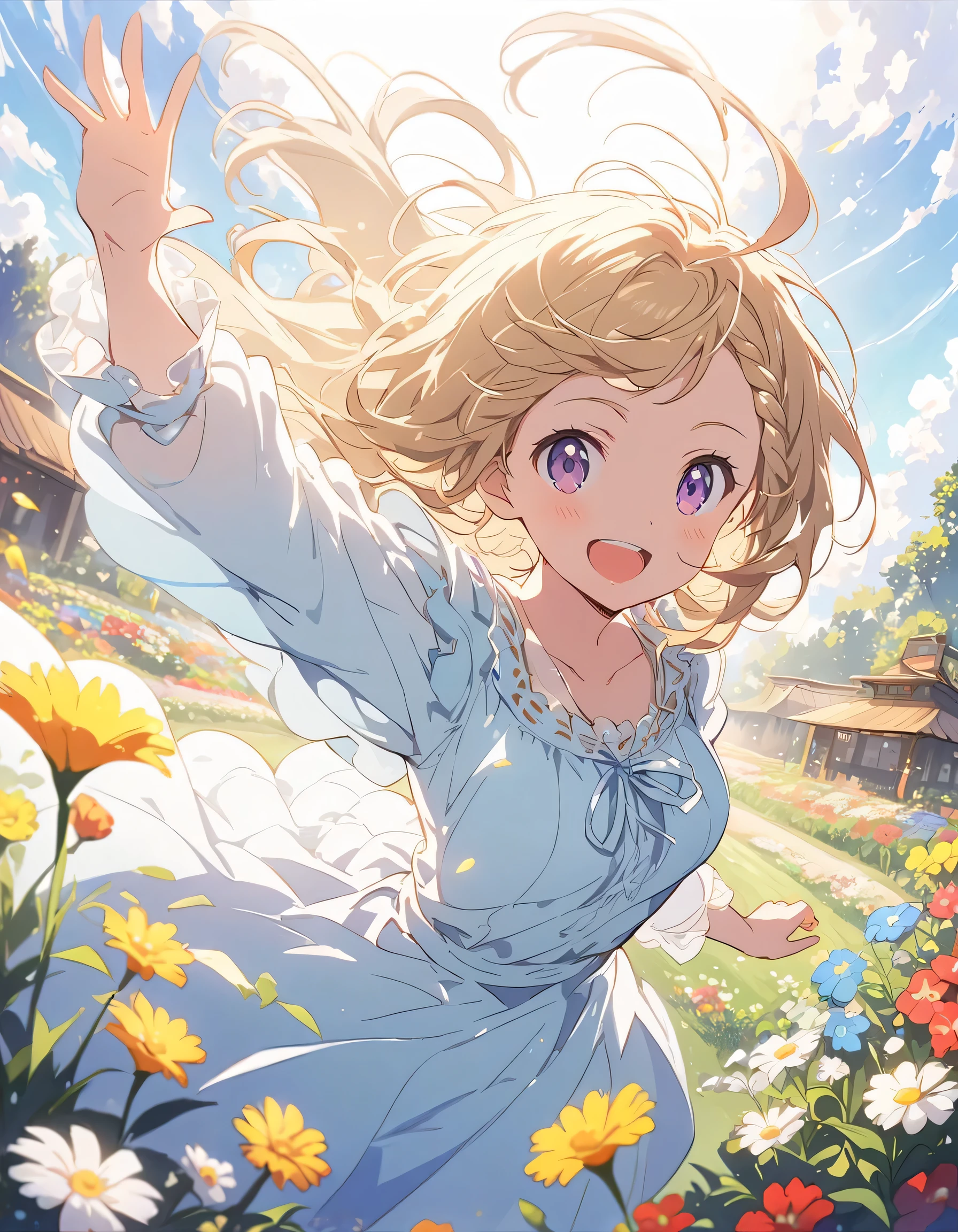highest quality,, One girl, woman,(Smiling), Mid-chest, (bright), (western style garden), Warm spring sunshine、Braided bangs, (blouse:1.5), (I wore:0.8), nice, bloom, Floating Hair, (Dynamic pose:0.6) ,Full Body、 Soft lighting, Flower Garden、(highest quality、masterpiece、High resolution、detailed)、anime style、Flat Style、(Shine eyes、Beautiful Face), BREAK,1 girl、floating, (High saturation), (Shine), extremely detailed、Dynamic Angle、anime