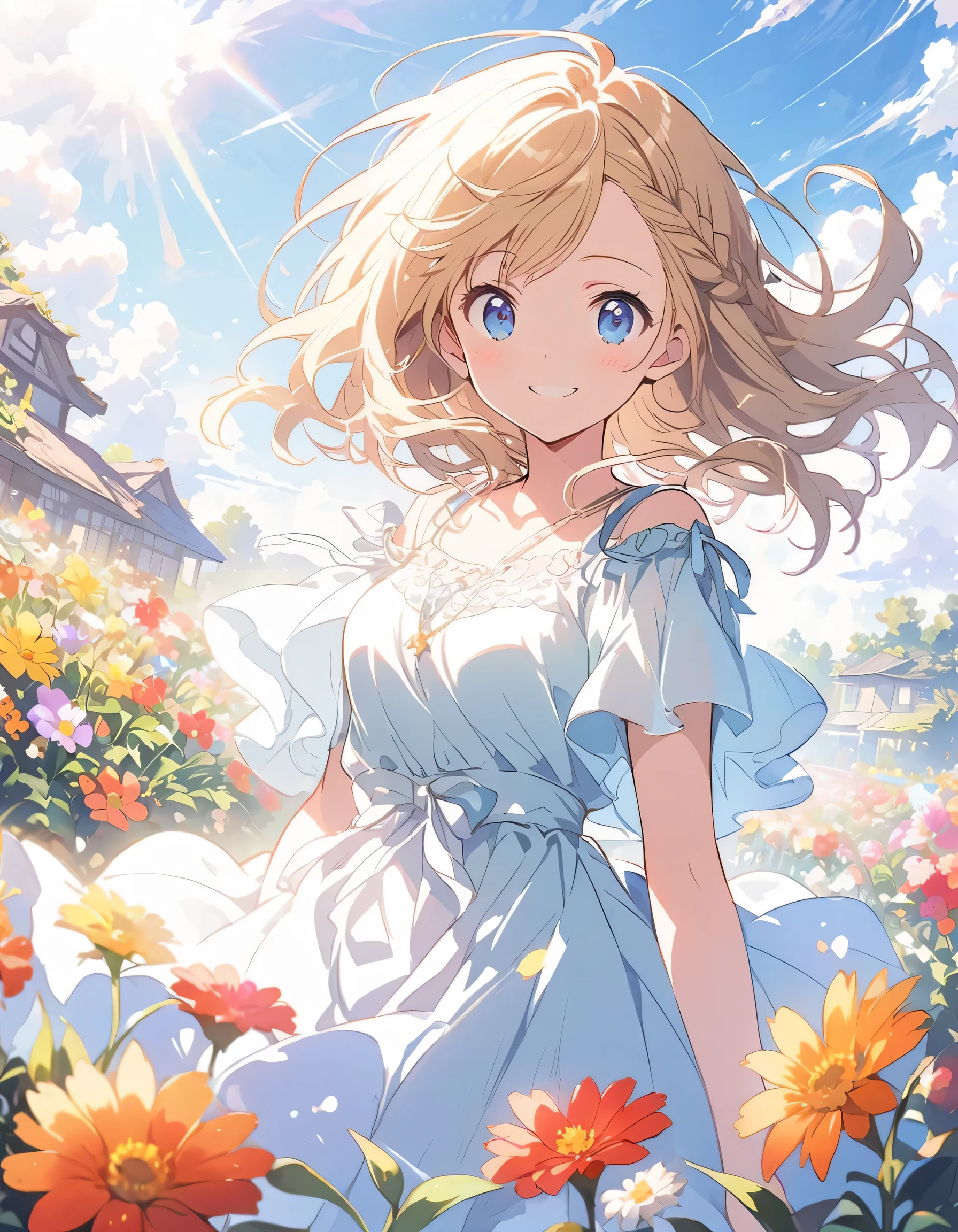 highest quality,, One girl, woman,(Smiling), Mid-chest, (bright), (western style garden), Warm spring sunshine、Braided bangs, (blouse:1.5), (I wore:0.8), nice, bloom, Floating Hair, (Dynamic pose:0.6) ,Full Body、 Soft lighting, Flower Garden、(highest quality、masterpiece、High resolution、detailed)、anime style、Flat Style、(Shine eyes、Beautiful Face),  BREAK,1 girl、floating, (High saturation),  (Shine), extremely detailed、Dynamic Angle、anime 