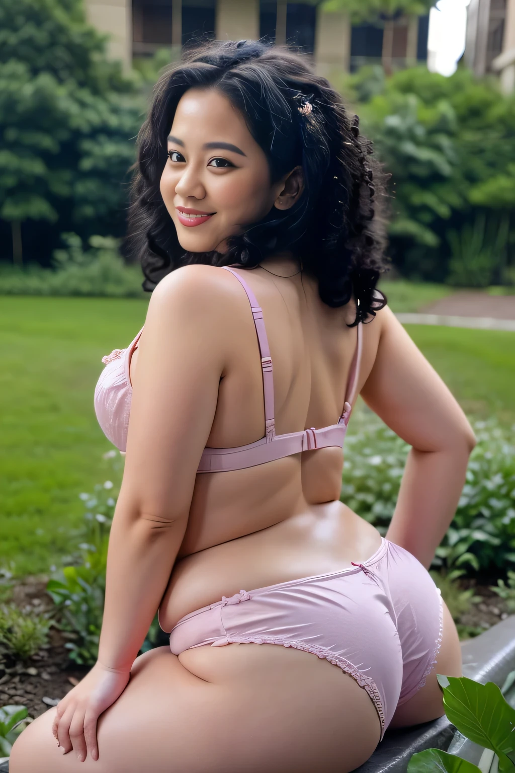 Malay girl wearing sexy lilac color satin bra and panties portrait photography, mid shot photo, ultra detail, professional photograph with professional lighting, smile, at the garden, outdoor background, curly hair, sexy seducing pose, curvy body, butt focused angle