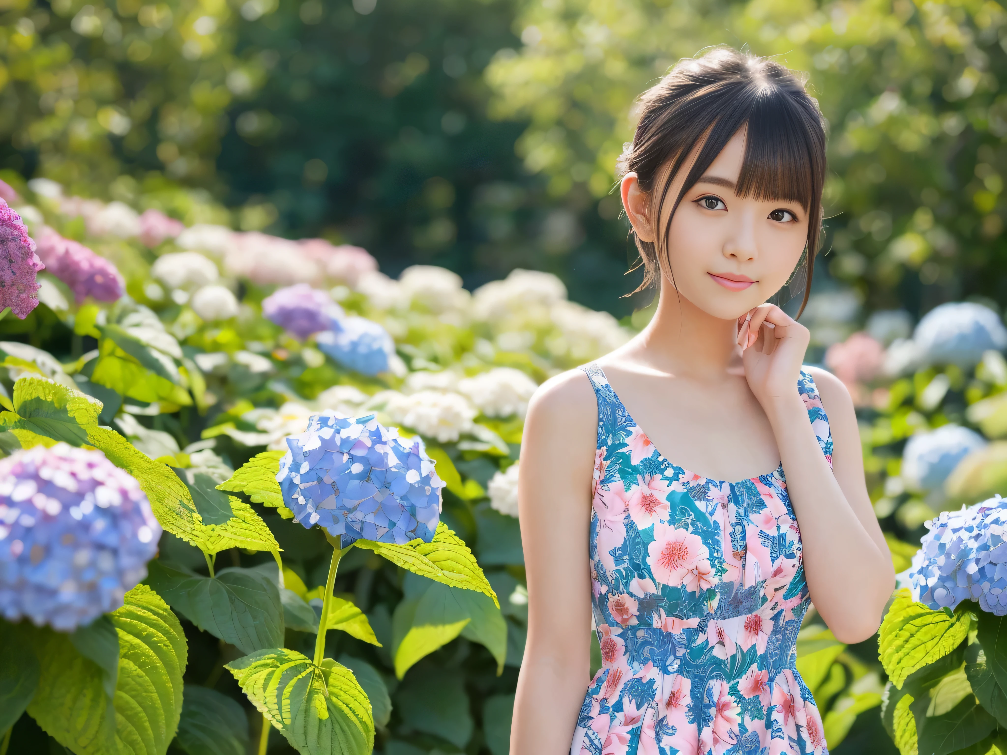 20-year-old, rays of light at dusk, hydrangea front Bokeh, Bokeh, photorealistic, dark background, smile, (one girl), (sunset: 1.3), (8K, RAW photo, highest quality, masterpiece: 1.2), (realistic, photorealism: 1.37), highest quality, ultra high resolution, (focal plane: 1.8), ( portrait: 1.7), (intense:1.1), (detailed:1.1), (highest quality), (analog:1.2), (high sharp), Canon EOS R Photos, (summer dress:1.4), (Standing in a flower garden:1.3), (vivid and colorful:1.3)