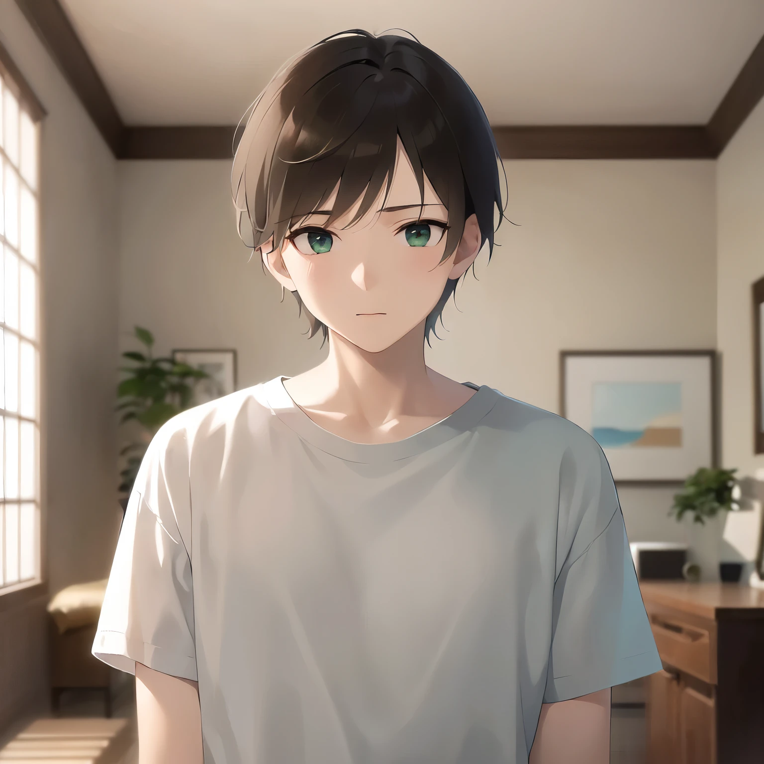 (looking away:1.5)、masterpiece、highest quality、(25-year-old male:1.5) and (Brown short hair) and (Green Eyes), White T-shirt、Are standing、sad、The background is the living room、(Alone:1.5)、Upper body is shown、