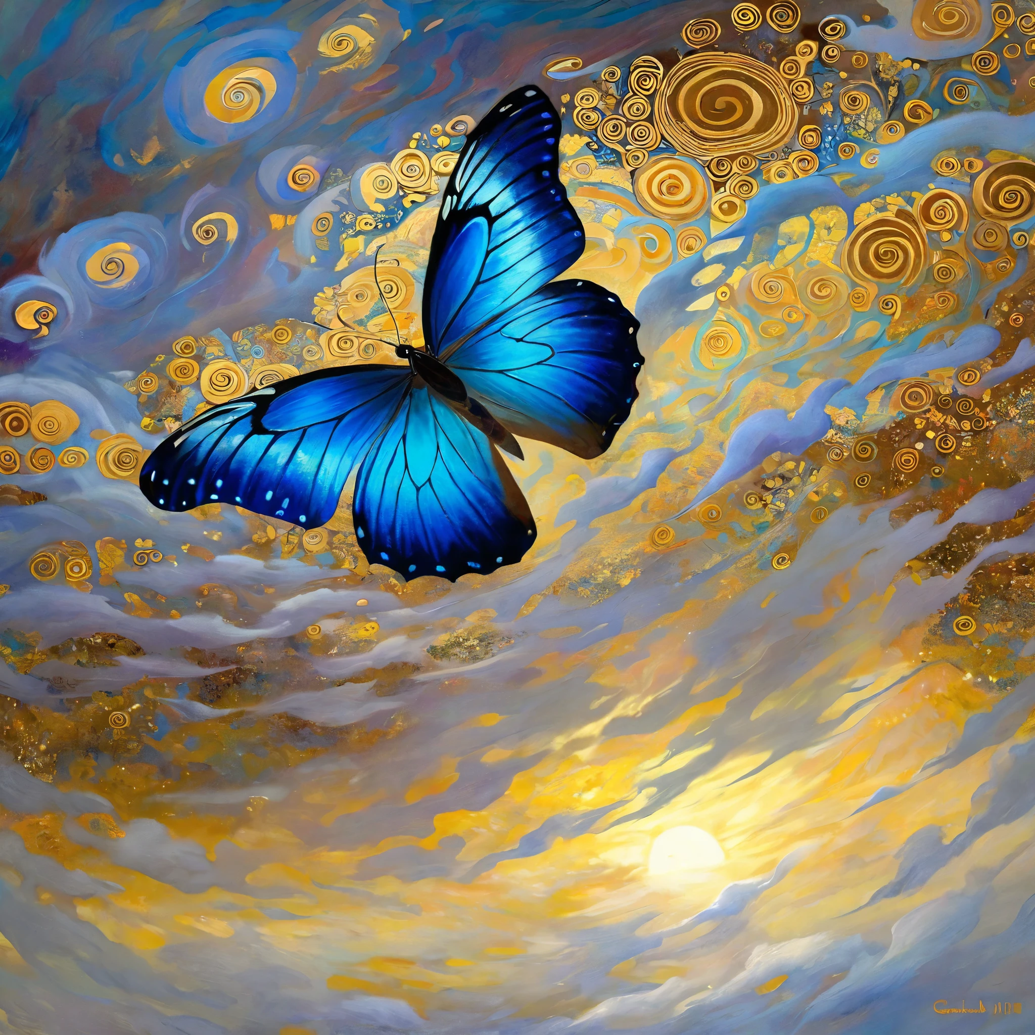 blue butterfly, Flying in the clouds, epic , Otherworldly ,Awesome ,Clever use of light and shadow,Adds depth and drama to the scene., Bringing the audience into an elegant narrative. This masterpiece, Created by the famous painter Gustav Klimt, Delve deep into the realms of fantasy and mythology, Inviting viewers to explore the complexity of beauty, strength,