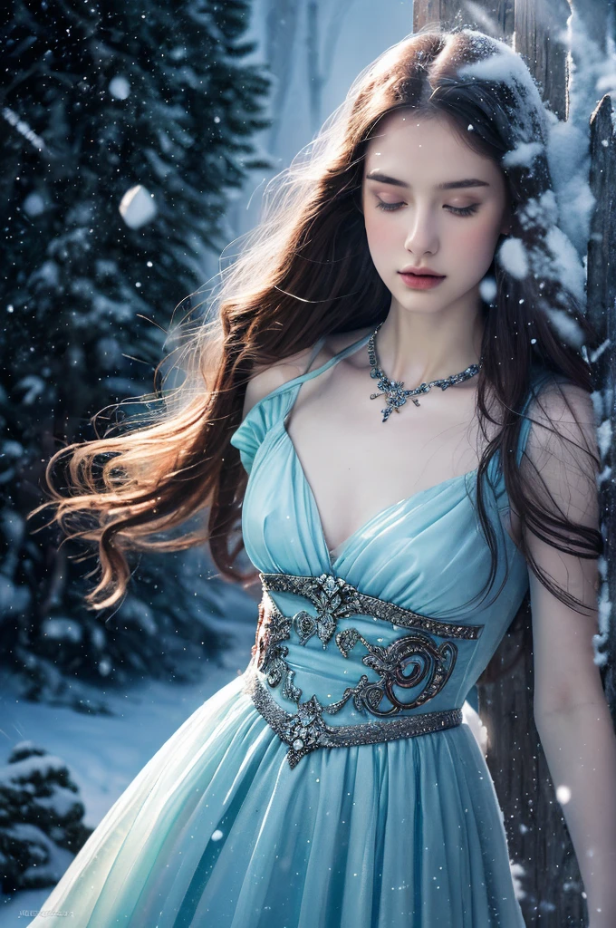 ( masterpiece, top quality, best quality,8k,17 years old girl,ultra detailed,raw photo:1.5),(photorealistic:1.4),(cinematic lighting), PerfectNwsjMajic, , Surrealism, UHD, ccurate, Super detail, textured skin, High detail, Best quality, dynamic angle, (high nose,White skin),[Beautiful blue eyes],[flat chest:large breasts:0.5],(1girl),(good anatomy:0.5)), of a woman in a dress with a sword, ((a beautiful fantasy empress)), beautiful fantasy maiden, Dreamy atmosphere,mystical ambiance, Artistic interpretation,a whimsical illustration, Subtle colors and tones, mystical aura, jewelry, splendor,portrait, snow storm 