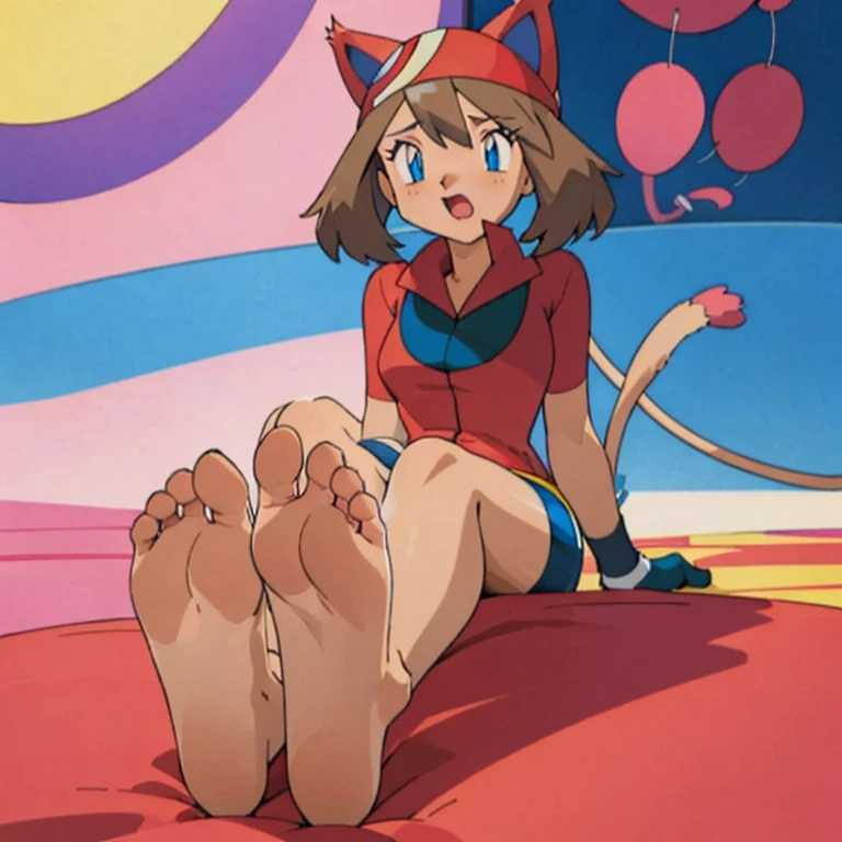 character_pokemon_may, may \(pokemon\), Maypokemon, barefoot, bare legs, soles, bandana, POKEMON_CHARACTER_MAY, barefoot, blue eyes, brown hair, red bandanna, red shirt, white skirt, blue shorts, bike shorts, biker shorts, catgirl, cat girl, pink cat ears, long ears, big tail, big cat ears, pink cat tail, cat tail, tail, pink tail, skitty, Skitty ears, Skitty tail, foot transformation, short hair, May shows her feet and soles, playful, open mouth, happy, blushed, foot focus, looks at viewer, foot tease, foot fetish, high soles, feet posing, Commission for high resolution, low resolution, detailed legs towering over you, detailed legs looming over you, Foot Art POV, Detailed legs、sole of feet, bare-legged, two legs, two feet, medium breasts, sitting, three-toed feet, three toes, cat pose, raise leg, raise foot,