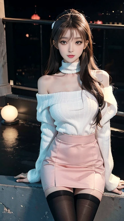 A beautiful Chinese girl wearing an off-shoulder white sweater dress and black stockings,Height 160cm,Weight 45kg,Perfect body,fairer complexion,Oval face,Deep facial features,Long brown hair,A confident smile,A little blush on face,light pink eyeshadow,night time，Posing against the railing on the observation deck,Realistic style,masterpiece
