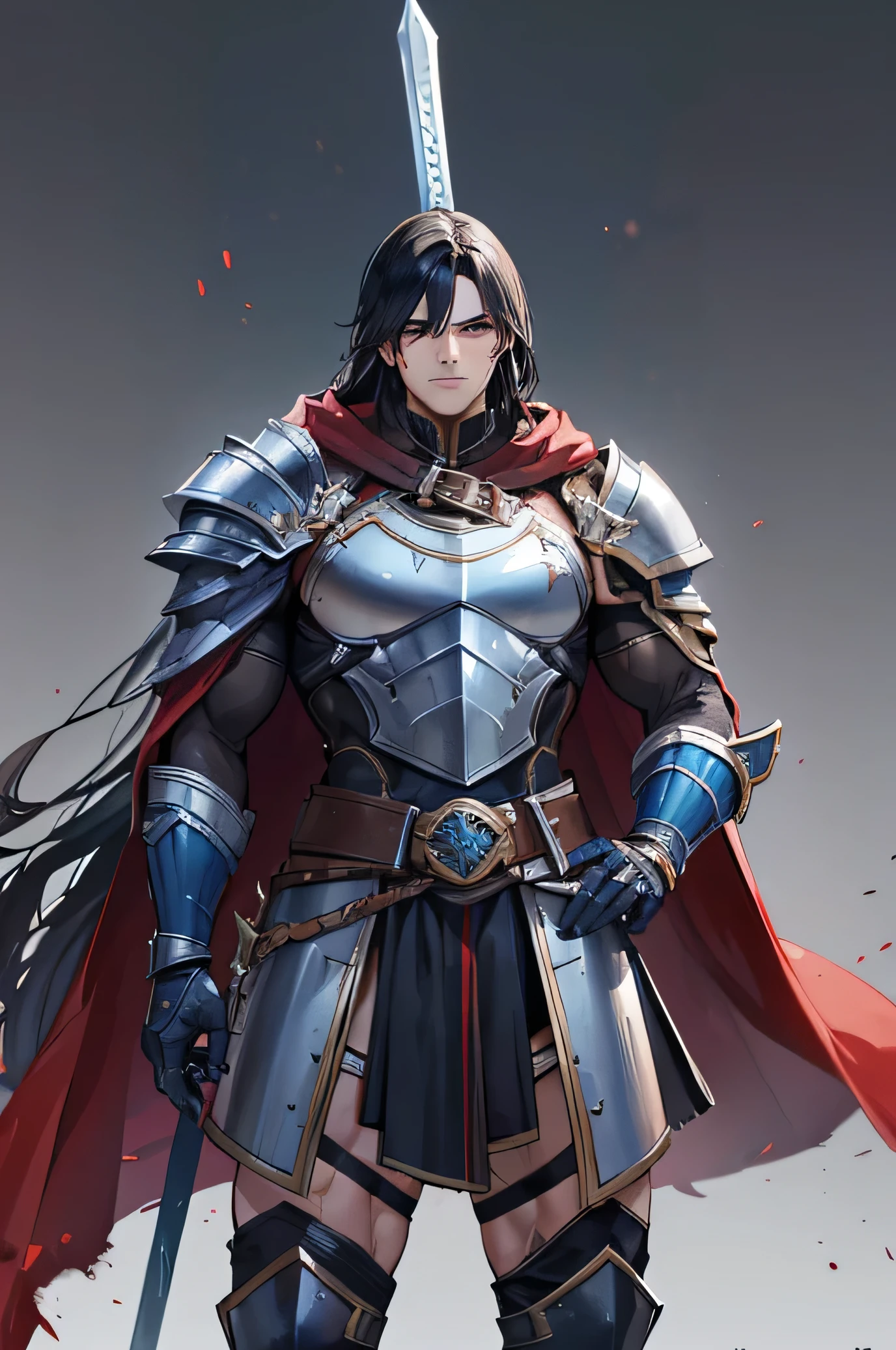 A handsome man, so Muscular. He has black bloody hair. He wears a black and blue Gladiator helmet and Gladiator armor, muscular armor. He carries a bloody gladiator sword. He has a matching shredded cape. War background. Soldiers background.league of legends character 