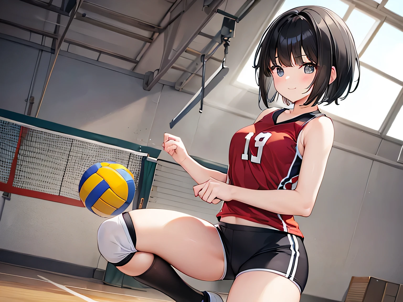 (masterpiece、highest quality、High resolution、Realistic photo、Real looking skin:1.1)、
(A woman is taking a break at a volleyball bar:1.5)、
(I have a smile of satisfaction.:1.5)、
(She is wearing a volleyball uniform, a sleeveless tight sports shirt and short tight shorts.:1.8)、
(I always wear knee supports on both knees.:1.8)、
(I&#39;m wearing high socks:1.5)、
(She is wearing gym sneakers.:1.5)、
(It&#39;s short black hair:1.8)、
(The location is the volleyball court in the high school gym.:1.5)、
1 Japanese Girl、solo、Full Body Esbian、Beautiful Eyes、Shining Eyes、Shining thighs、NSFW