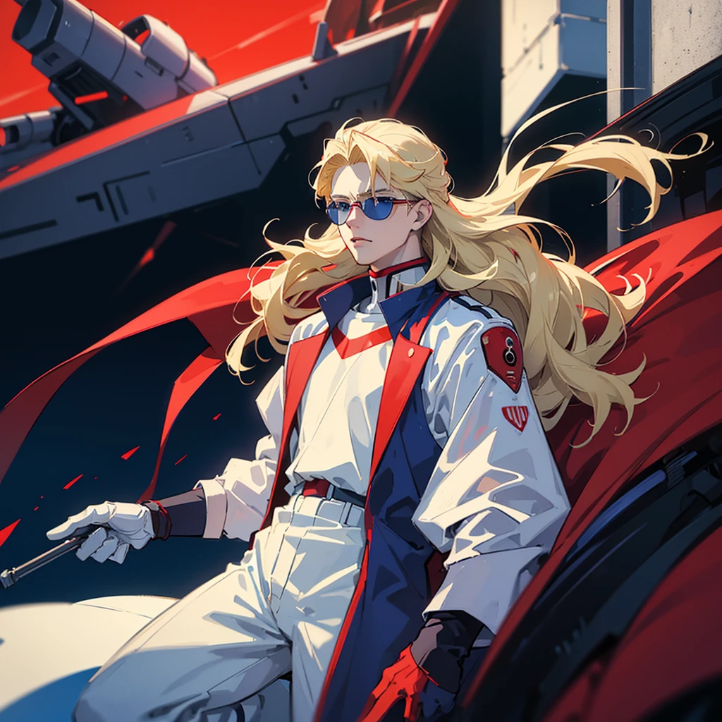 A man, 21 years, long hair blonde, pale white skin, blue eyes, wearing a red suit pilot clothing like neon genesis evangelion, white gloves, in a dark atmosphere, hd quality image, autority, like a planning tactician leader, commander, mobile suit pilot, wearing sunglasses, a strong posture of a leader