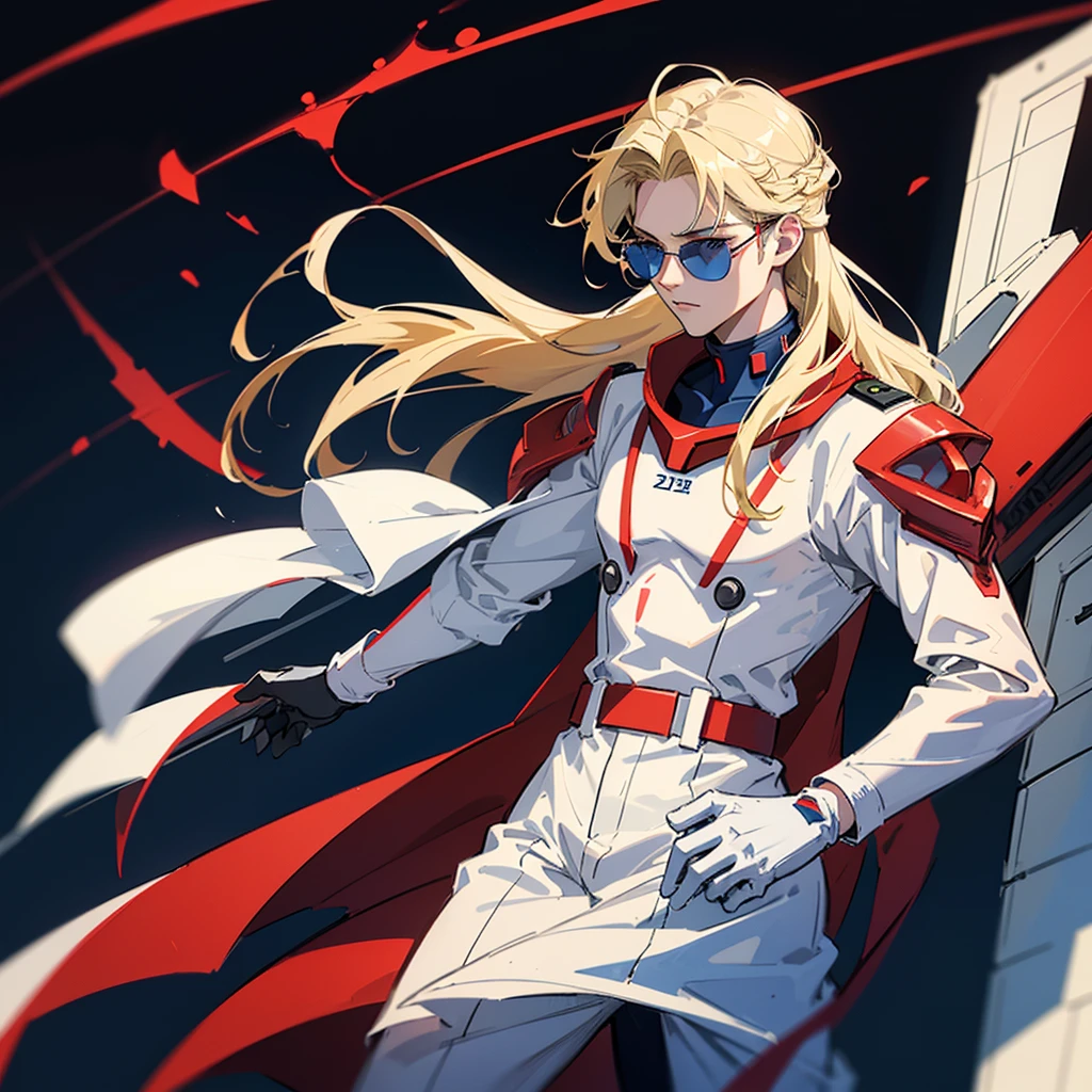 A man, 21 years, long hair blonde, pale white skin, blue eyes, wearing a red suit pilot clothing like neon genesis evangelion, white gloves, in a dark atmosphere, hd quality image, autority, like a planning tactician leader, commander, mobile suit pilot, wearing sunglasses, a strong posture of a leader