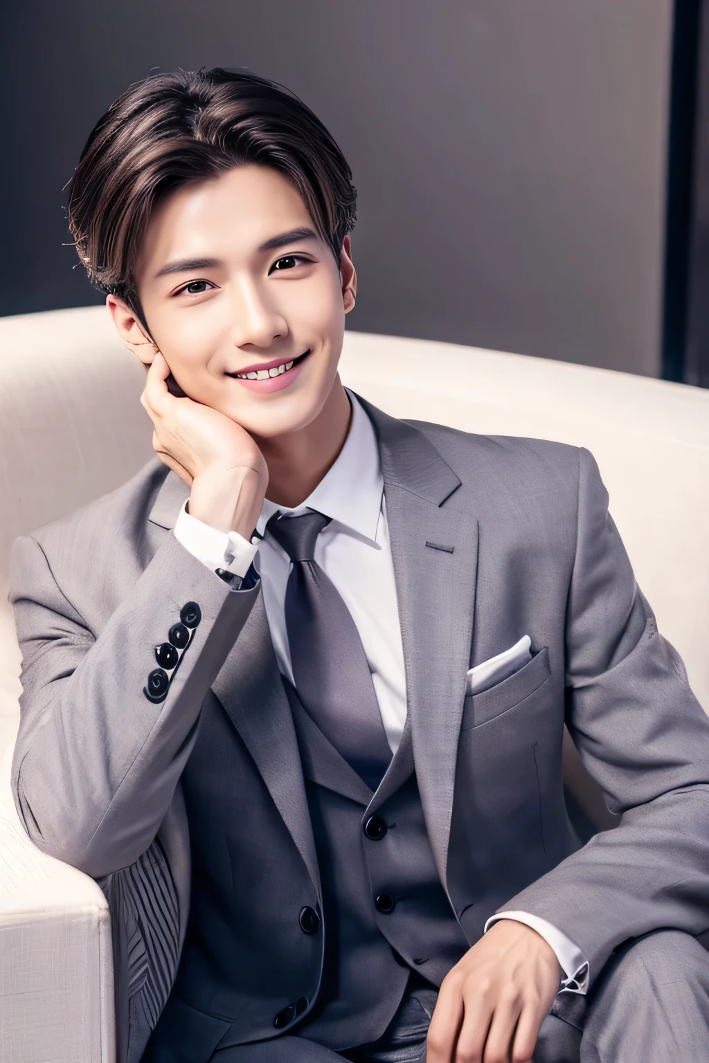 ((highest quality, 8K, masterpiece: 1.3)),Handsome host boy:1.5, 20-year-old、Delinquent boy、 Upper body、sitting on the sofa、well-groomed face, silver hair color、thin face、Confident visuals、(white skin:1.5)、Look straight at me with your eyes looking up、Bad smile、silver eyes、boy with makeup、Super handsome、Extra-fine face, handsome nose, small eyes and face, beautiful lighting, High resolution, detailed mouth, smile, whole body: 1.5, perfect body shape、slim,Midial Hair、pointed hair set、suit、Chrome Hearts Silver Earrings、