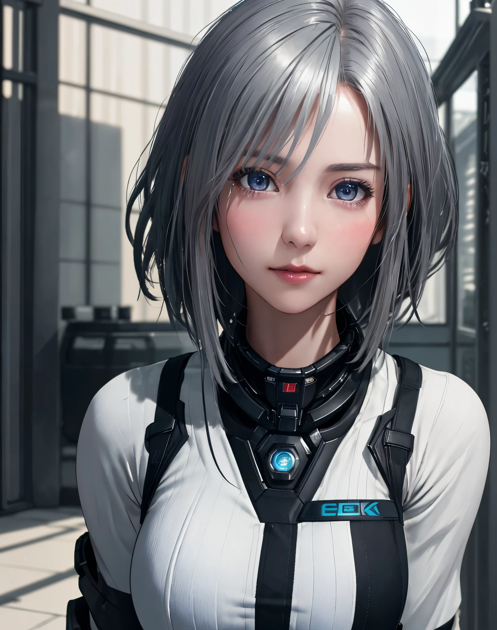 (8k, Realistic, RAW Photos, highest quality: 1.3), (One Girl), とてもbeautiful, (Realistic Face), (boyish, Silver color very short hair), beautiful cyberpunk suit, A brilliance that captivates the viewer, beautiful expression, beautiful breasts, (Realistic Skin), beautiful...